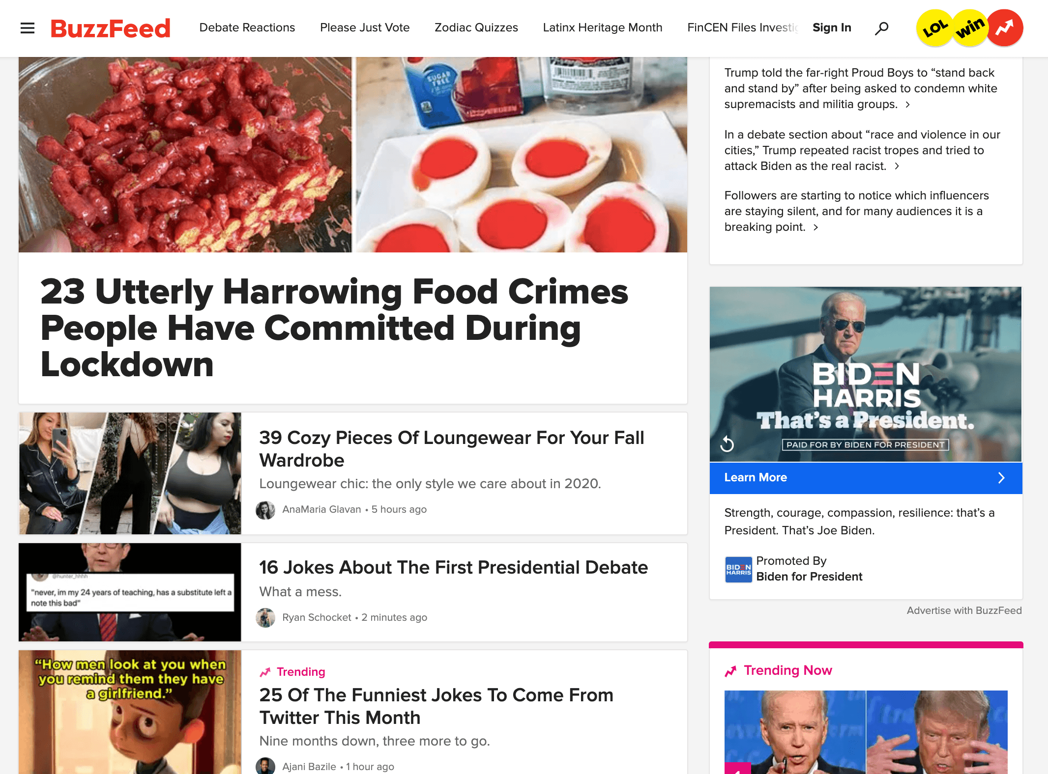 BuzzFeed's homepage with dynamic topics shown at the top navbar.